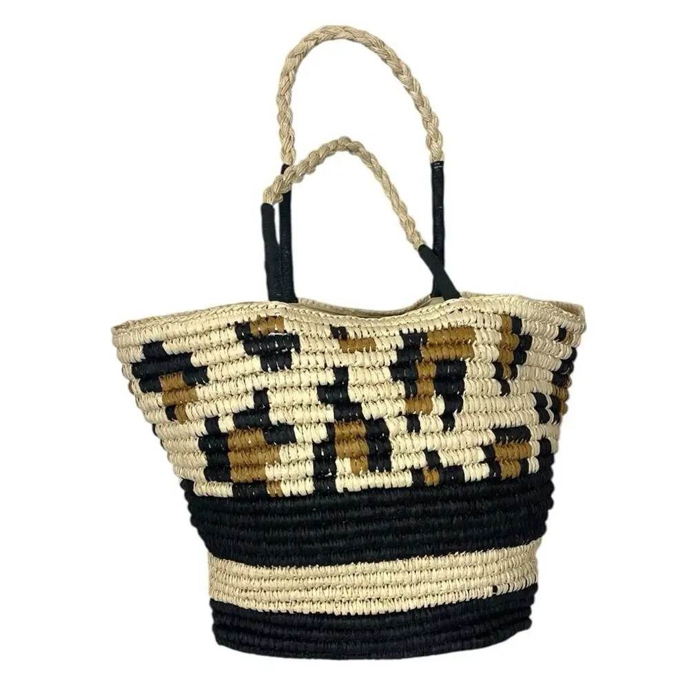 Women’s Tote Bag Woven Braided Casual Zip Closure Black Natural Size Large